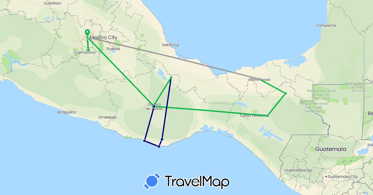 TravelMap itinerary: driving, bus, plane in Mexico (North America)